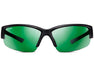 Front view of Method Seven Cultivator Blurple LED glasses highlighting the curved frame and large green lenses.