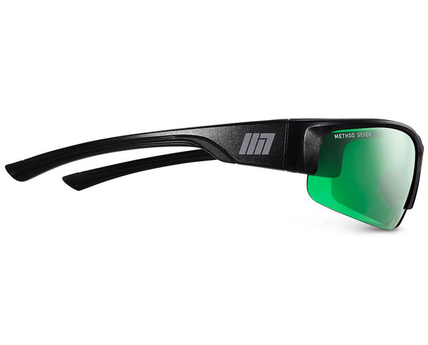 Side profile of Method Seven Cultivator LED glasses showing matte black arms with logo and lens curvature.