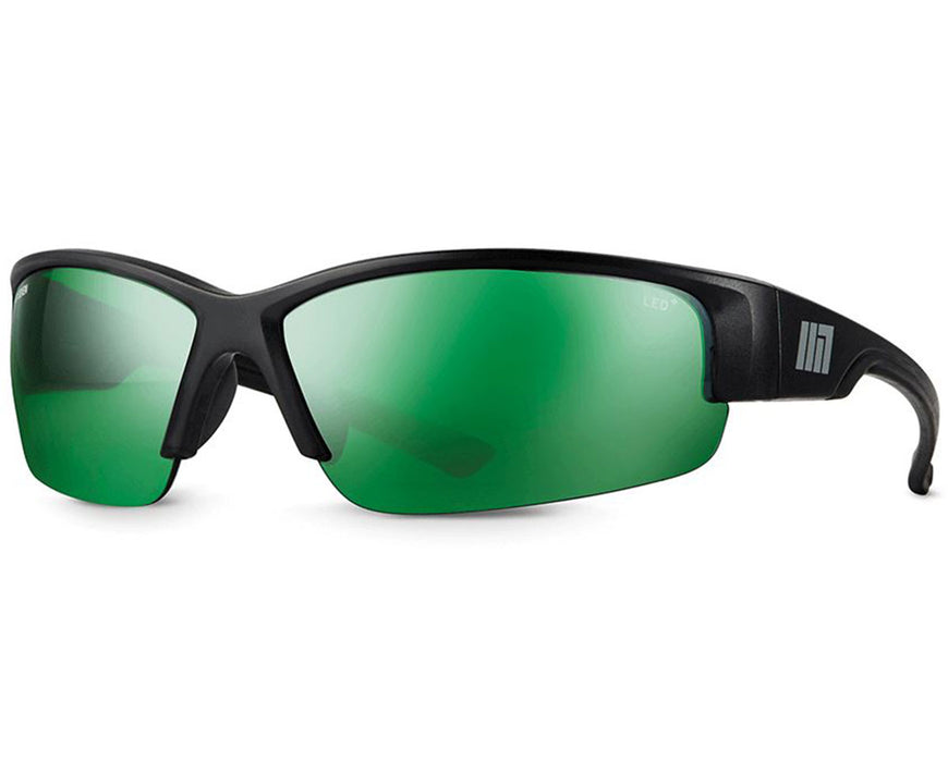 Method Seven Cultivator Blurple LED Classic glasses with matte black wraparound frame and green-tinted lenses.