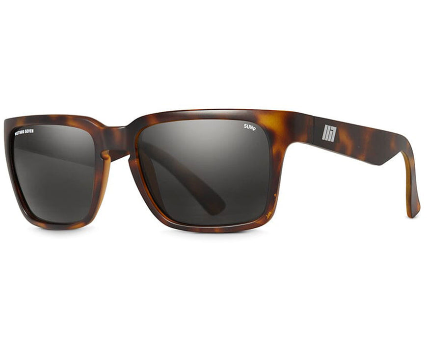 Tortoise-shell version of the Method Seven Evolution SUN sunglasses with dark polarized lenses, angled view.