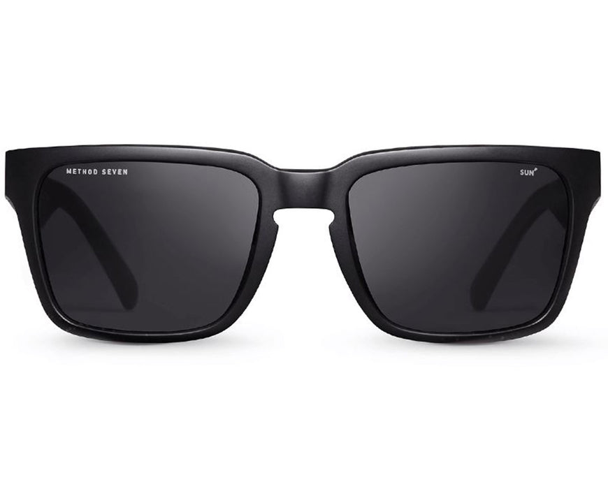 Front view of matte black Method Seven Evolution SUN Polarized sunglasses showing full lens coverage and clean design.