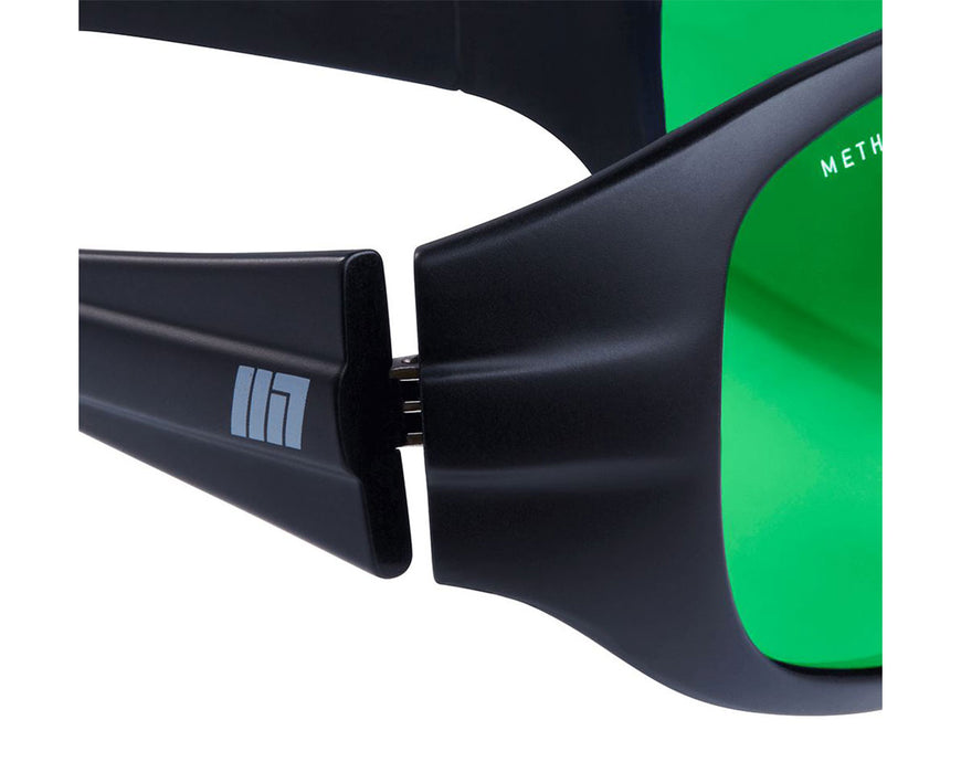 Close-up of Method Seven Operator glasses hinge and temple featuring logo and matte black detailing.