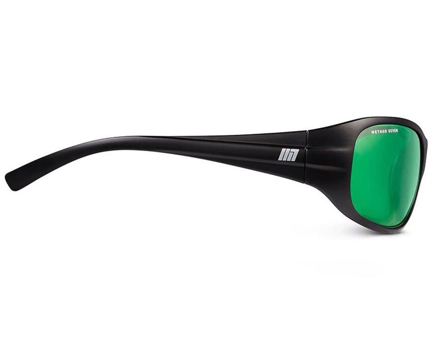 Side profile view of Method Seven Operator LED glasses highlighting arm design and frame curvature.