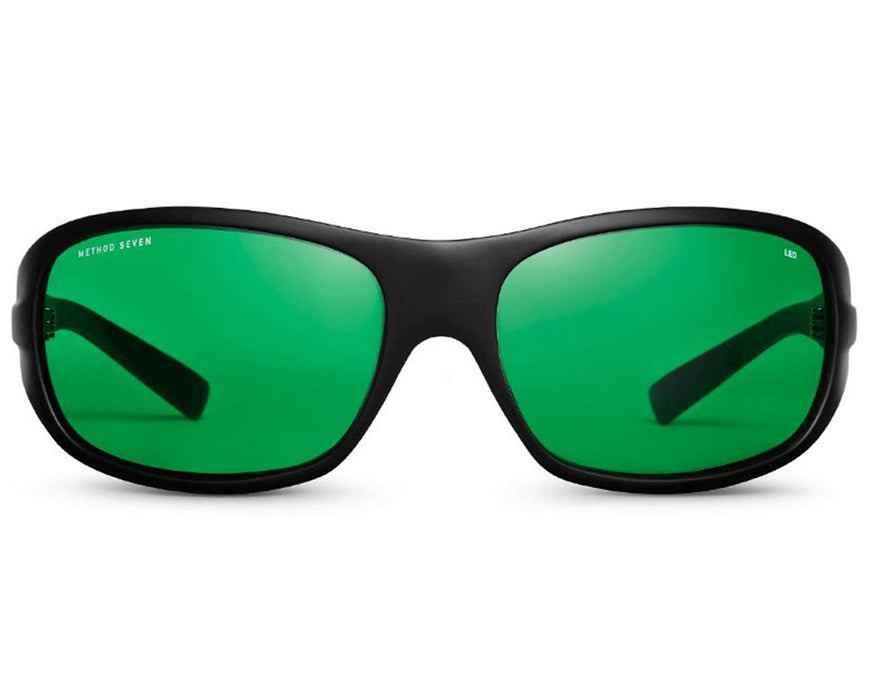 Front-facing view of Method Seven Operator LED grow glasses with green lenses and contoured frame.