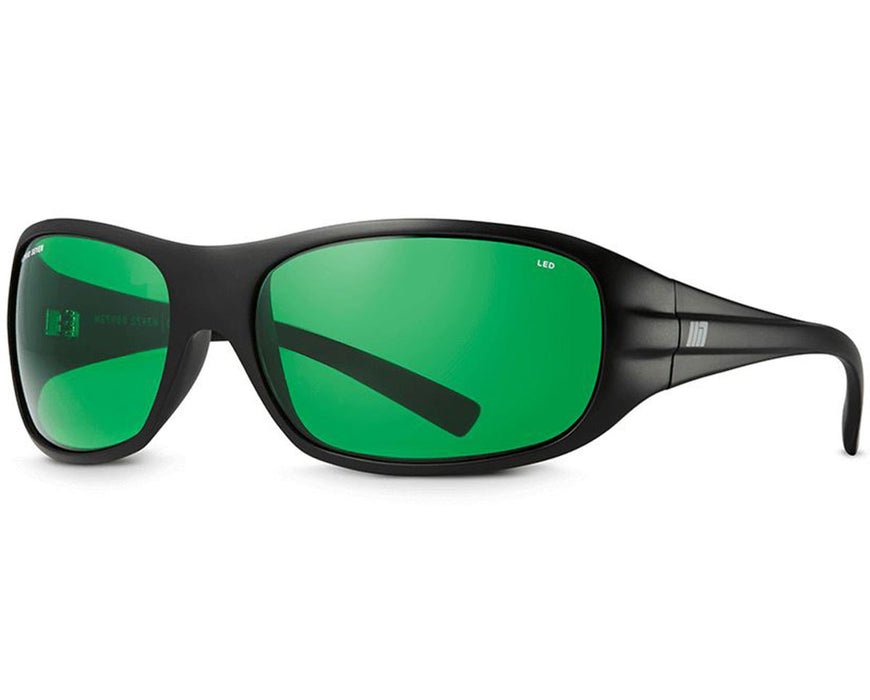 Method Seven Operator Blurple LED grow room glasses with green lenses and matte black wraparound frame.