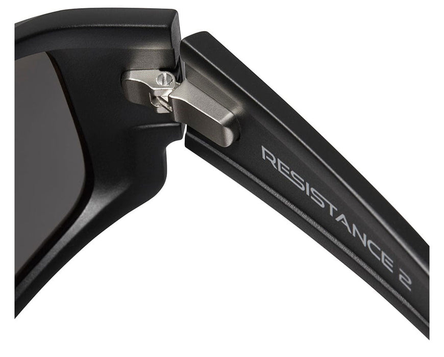 Detailed shot of Method Seven Resistance 2 hinge construction with "RESISTANCE 2" engraved on temple arm.