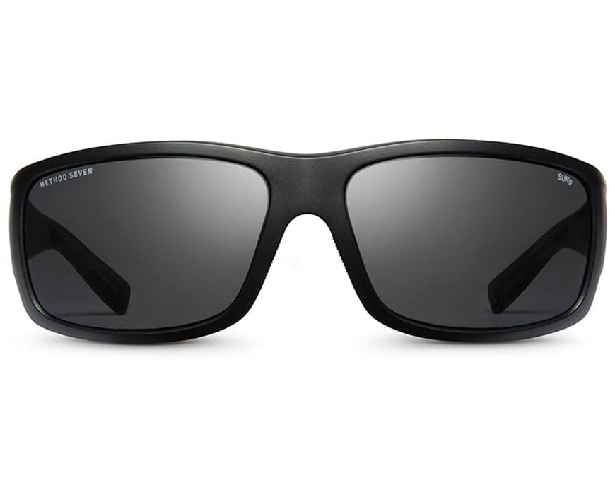 Front view of Method Seven Resistance 2 Sun Polarized glasses with sleek black frame and dark lenses.