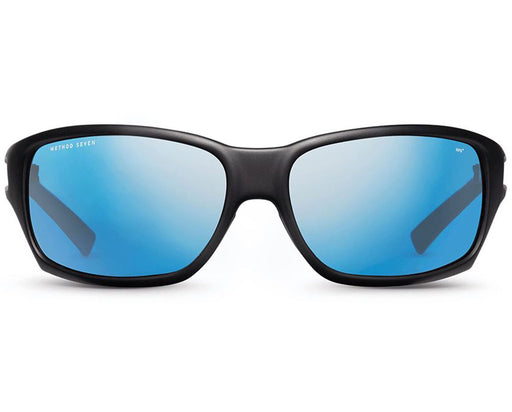 Front view of Method Seven Resistance HPS Premium sunglasses with mirrored blue lenses and black curved frame.