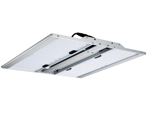 Angled view of the lit NextLight Core Pro 210W LED Grow Light showcasing LED intensity and uniform light panel.