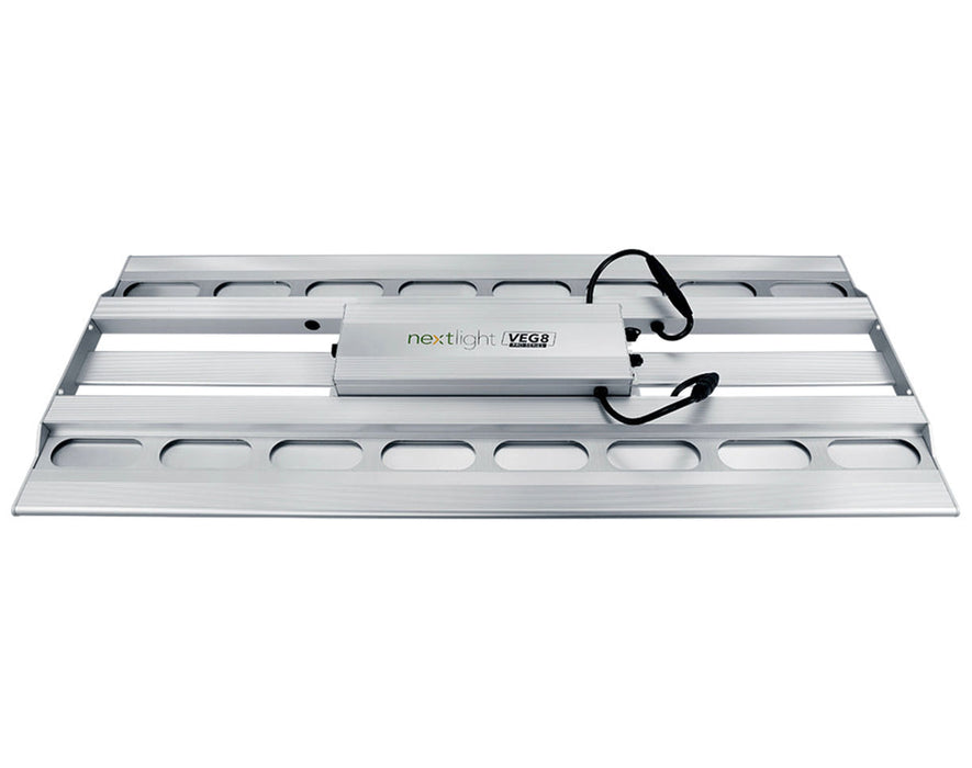 Top view of the NextLight Veg8 Pro showing the branded driver and aluminum heat sink structure.