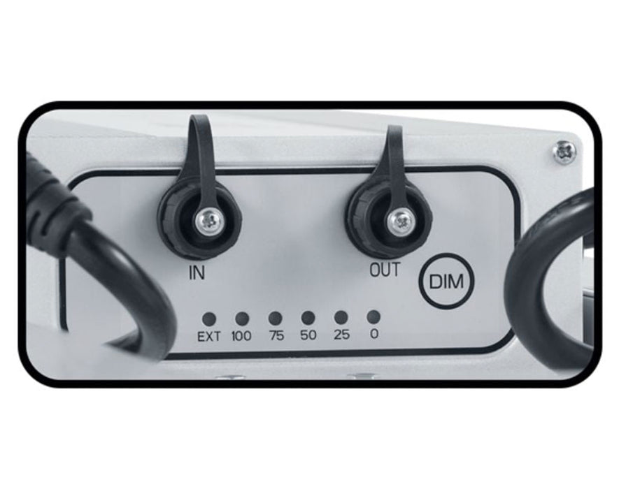 Close-up of dimming interface with onboard and external dimming control switches.