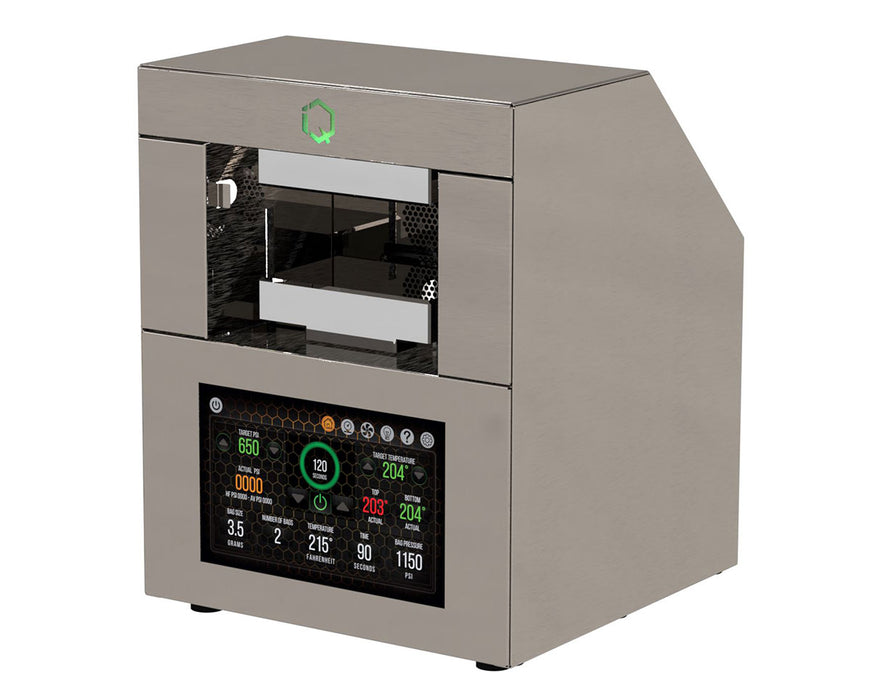 Left-angle view of the NugSmasher IQ Pro rosin press highlighting the open plate system.