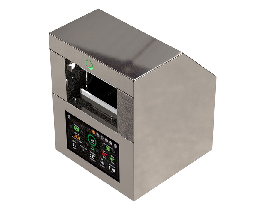 Top angled view of the IQ Pro showing heat plates, touchscreen, and brushed metal casing.