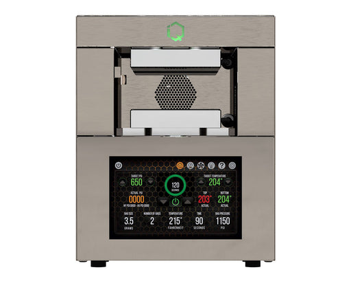 Front view of the NugSmasher IQ Pro with touchscreen interface and open dual heat plates.