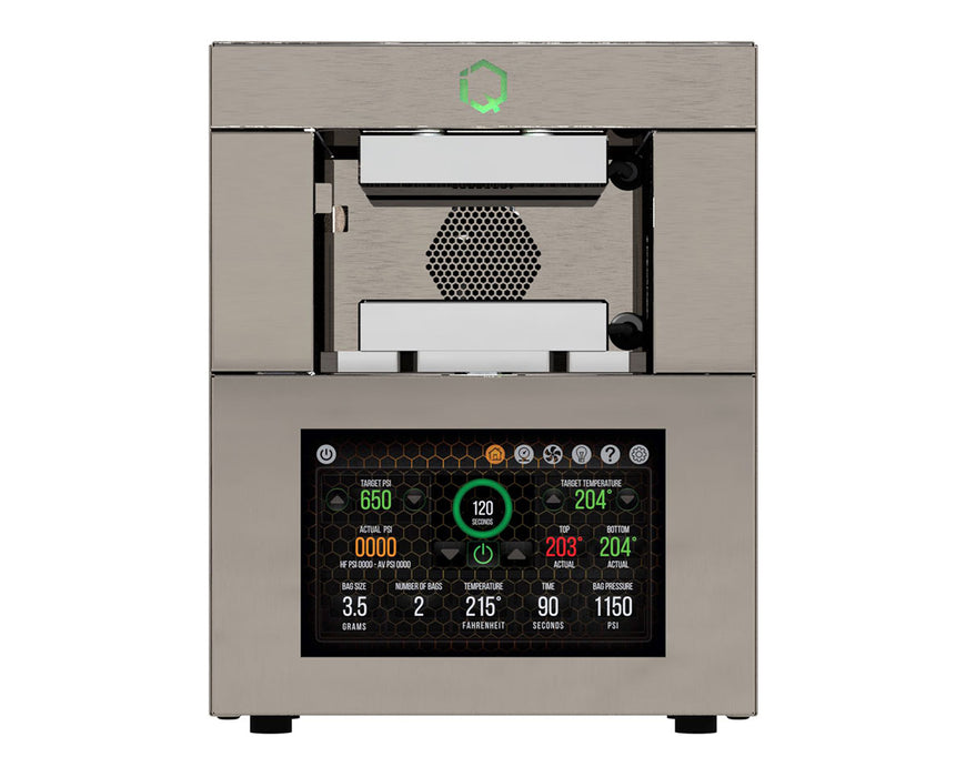 Front view of the NugSmasher IQ Pro with touchscreen interface and open dual heat plates.