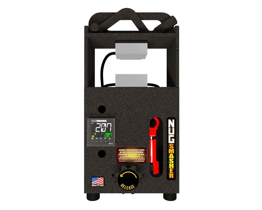Front view of the NugSmasher Mini Rosin Press with dual heating plates and digital temperature display.