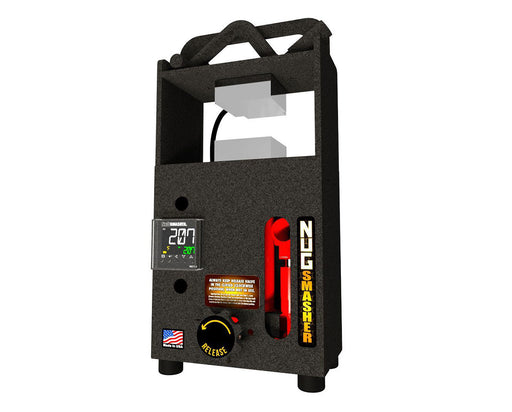 Angled front-left view of the NugSmasher Mini showing control panel, red handle, and release valve.