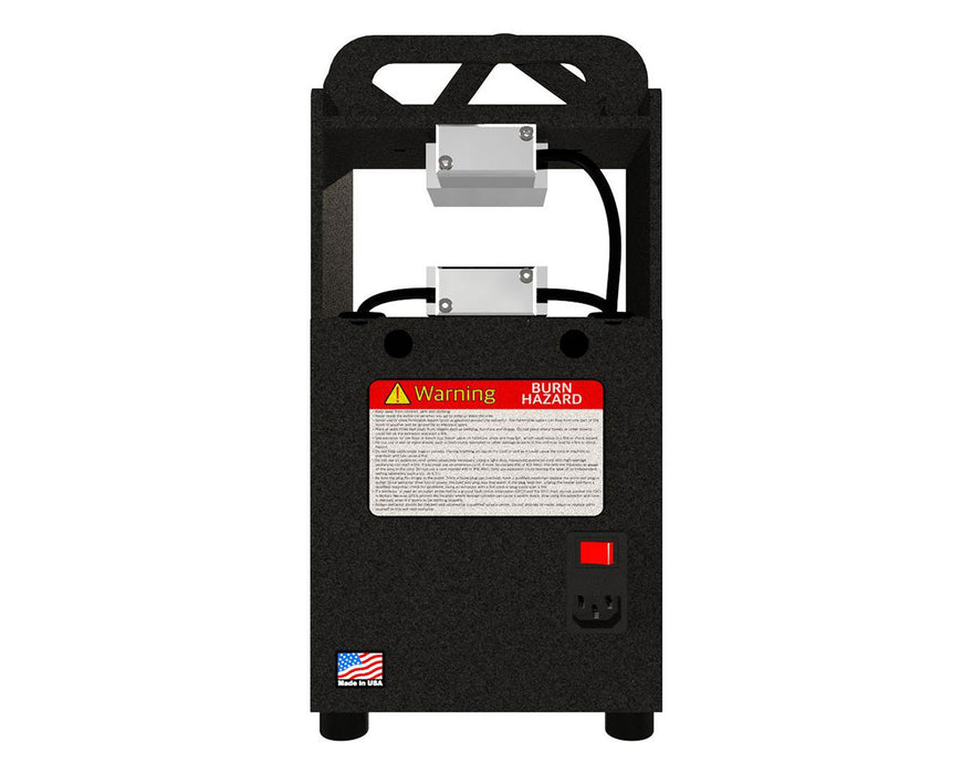 Rear view of the NugSmasher Mini highlighting dual heating plates and safety warning label.