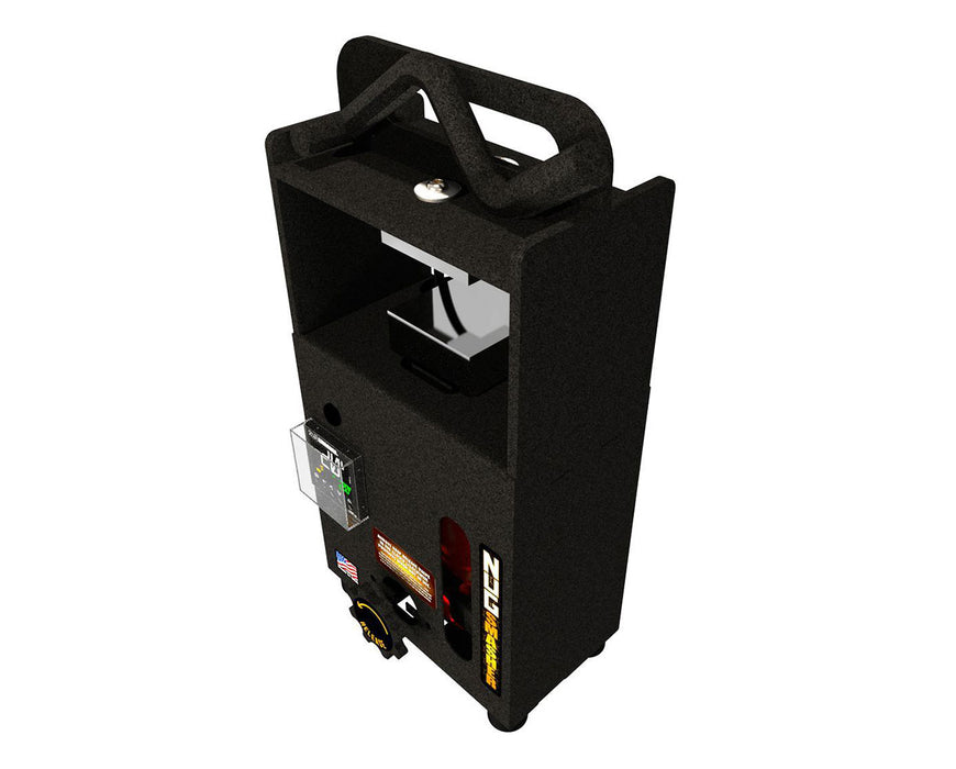 Top angle view of the NugSmasher Mini Rosin Press showing carry handle and upper plate assembly.