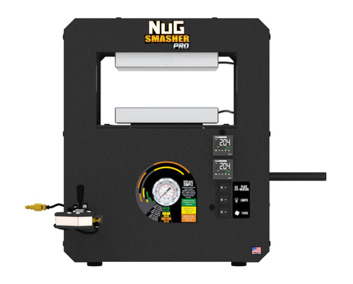 Front view of NugSmasher Pro rosin press showing dual heating plates, pressure gauge, and digital temperature displays.