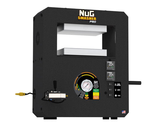 Angled front-left view of NugSmasher Pro highlighting control panel, pressure gauge, and aluminum plates.