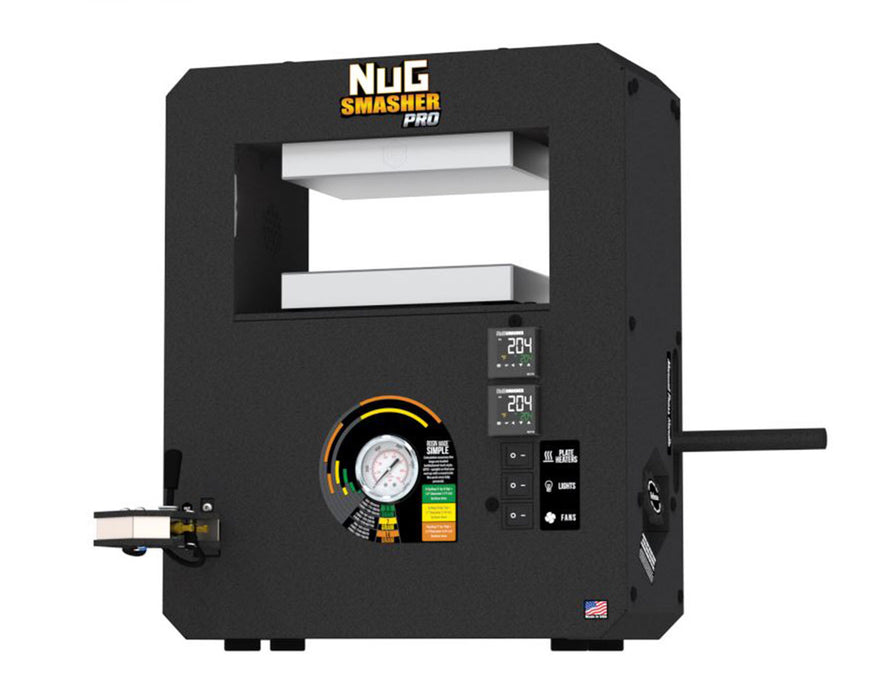 Angled front-right view of NugSmasher Pro rosin press with side-mounted pressure control lever and gauge.