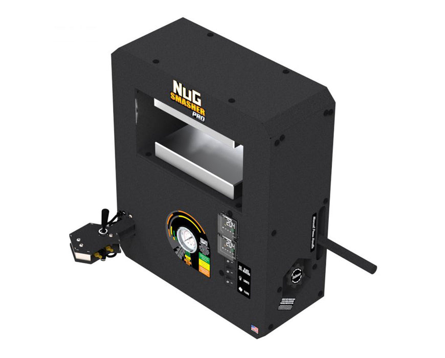 Top-down angled view of NugSmasher Pro rosin press showing heating plates, controls, and robust steel design.