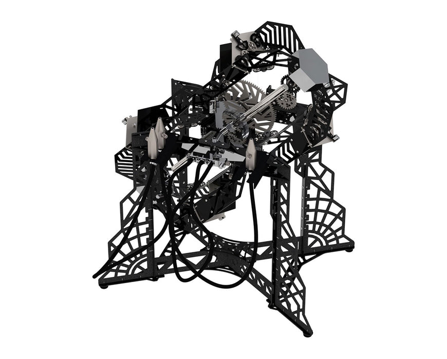 Angled top view of the Knockout Gravity Infuser showcasing gears, pistons, and black steel frame.