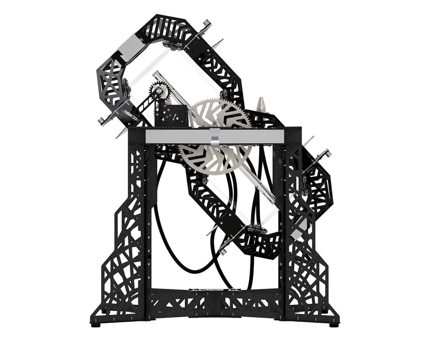 Side profile of the Knockout Gravity Infuser featuring mechanical arm rotation and gear assembly.