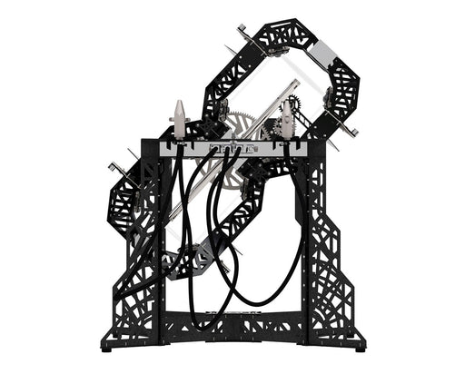 Front view of the NugSmasher Knockout Gravity Infuser with exposed gears and tubing for pre-roll automation.