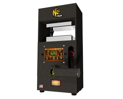 Angled front view of NugSmasher Touch Rosin Press highlighting touchscreen interface and handle.