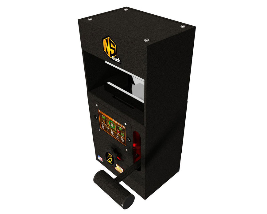 Top angled view of NugSmasher Touch with touchscreen controls and ergonomic manual handle.