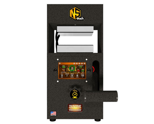 Front view of the NugSmasher Touch 12 Ton Rosin Press showing digital touchscreen and dual heat plates.