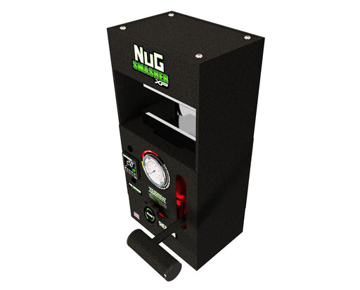 Angled view of NugSmasher XP showcasing top branding, pressure handle, and side control components.