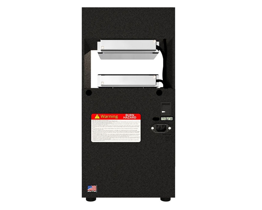 Rear view of NugSmasher XP with dual heat plates, warning label, and power switch.