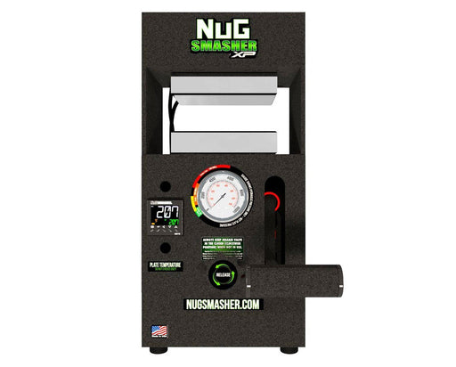 NugSmasher XP 12 Ton Manual Rosin Press with dual heated plates, pressure gauge, and digital temperature display.