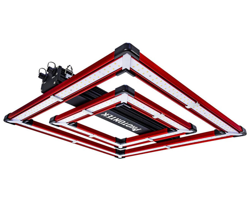 Photontek SQ 200W PRO LED Grow Light showing square frame and LED bars in a compact, high-efficiency design.