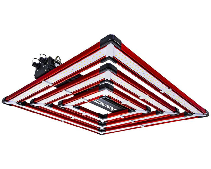 Photontek SQ 300W Pro LED grow light with square multi-bar frame and external driver mounted on top.