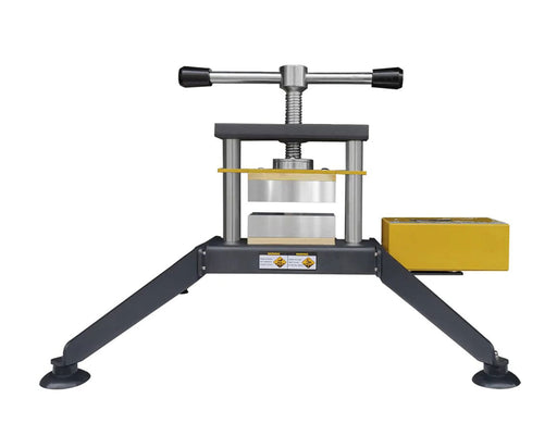 Front view of the Rosineer GRIP rosin press showing dual aluminum heating plates and twist handle.