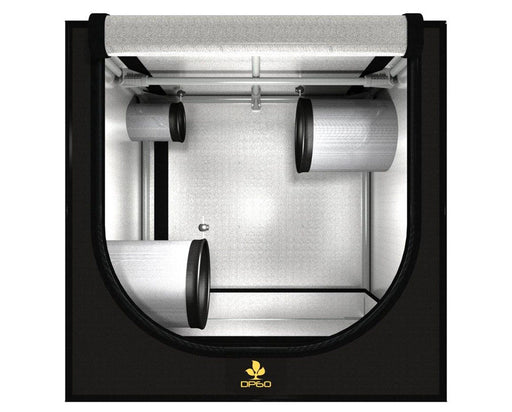 Side view of the Secret Jardin DP60 tent showing reflective walls and open ducting ports with minimal setup.