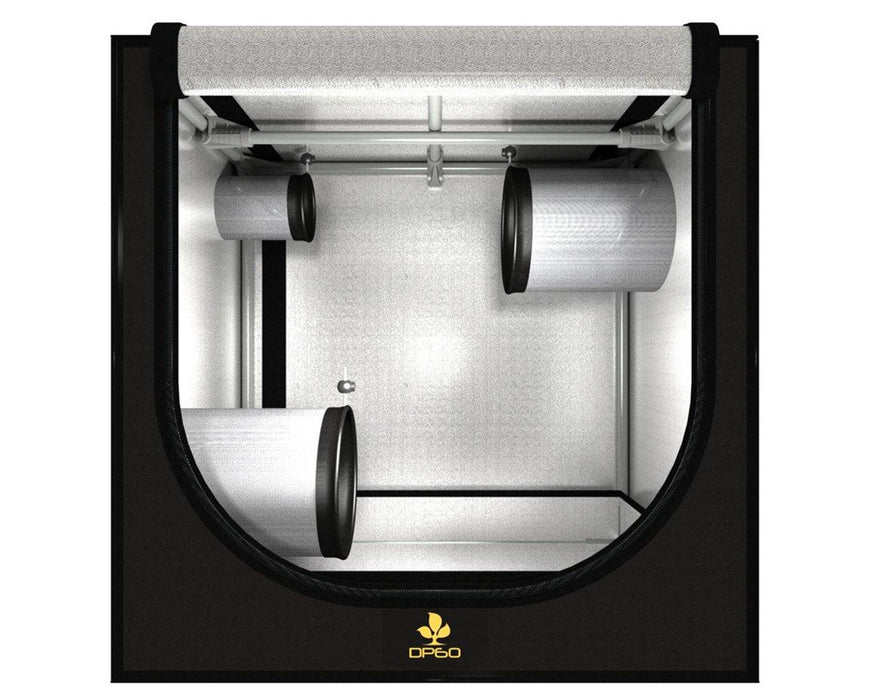 Side view of the Secret Jardin DP60 tent showing reflective walls and open ducting ports with minimal setup.