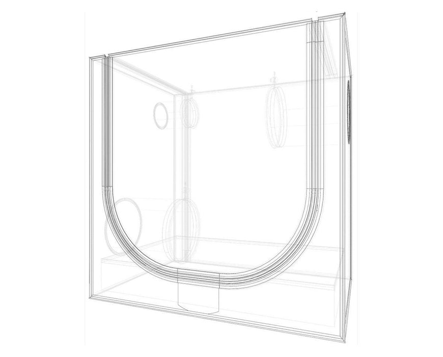Transparent 3D rendering of the Secret Jardin DP60 tent layout with visible ducting holes and curved zippered front.