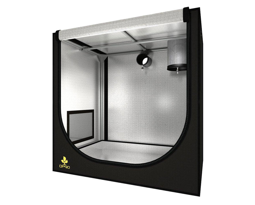 Side angle view of the DP90 grow tent showing ventilation ports, support bars, and filter system.