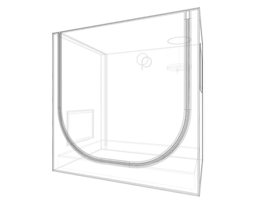 Wireframe schematic of the DP90 grow tent layout showing ports, frame structure, and zippered access.