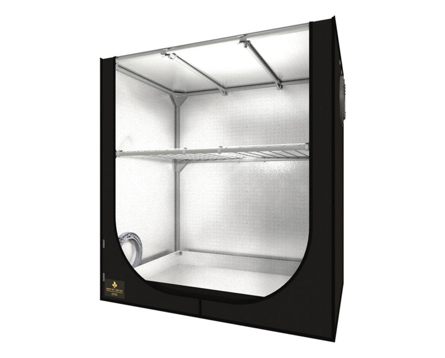 Front angled view of the Secret Jardin DP90 grow tent showing one wire shelf and reflective Mylar interior.
