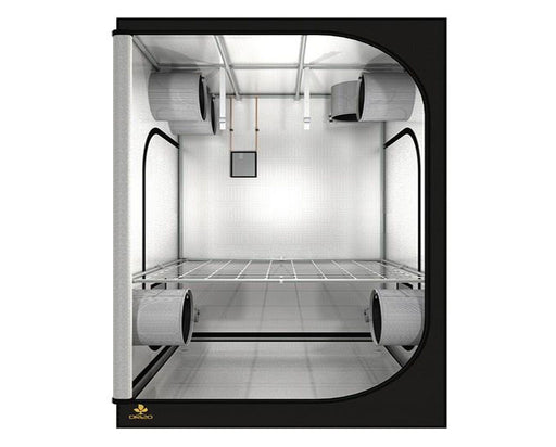 Front-facing view of Secret Jardin Dark Room 120 grow tent showing mesh shelf, duct ports, and reflective mylar interior.