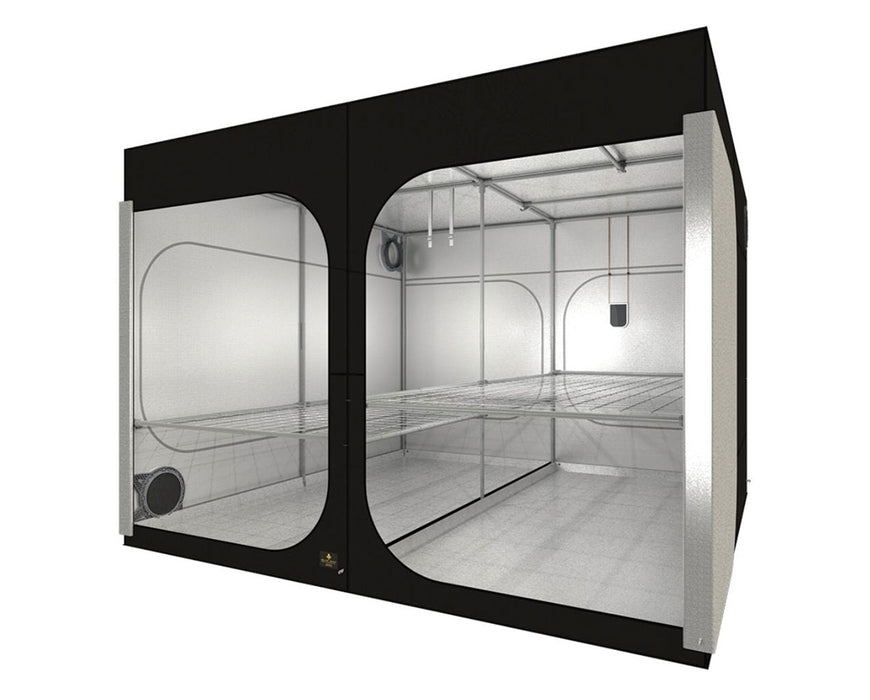 Open view of Secret Jardin Dark Room 300 grow tent showcasing dual grow chambers and metal frame structure.