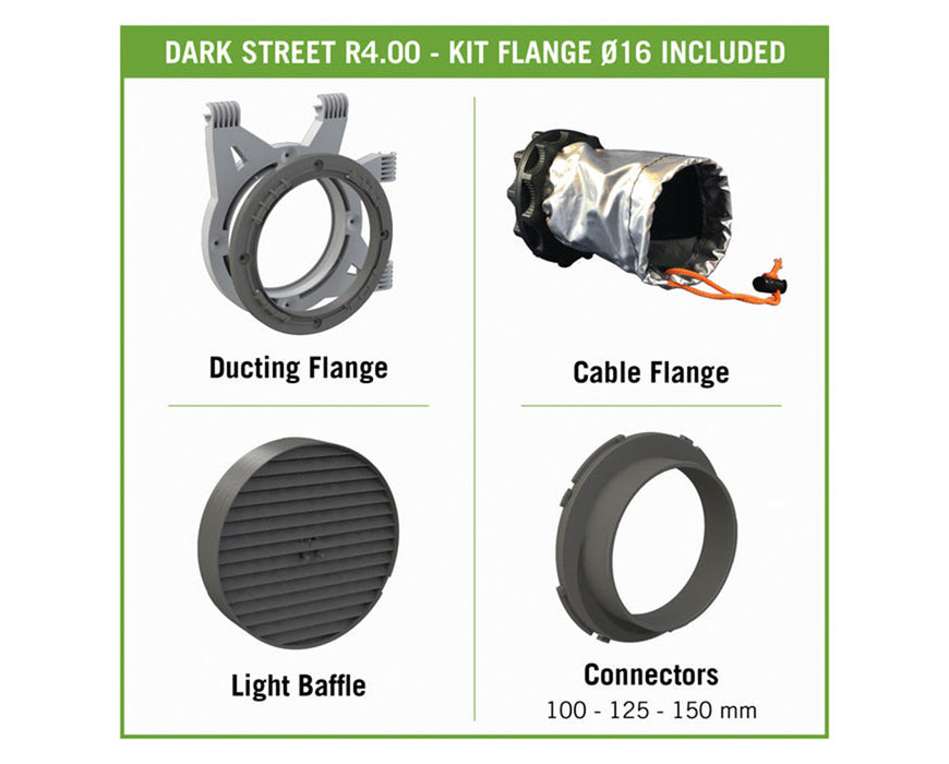 Dark Street R4.00 kit flange set with ducting flange, cable flange, light baffle, and multi-size connectors for ventilation.