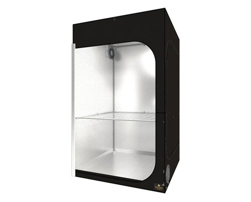 Secret Jardin Dark Street 120 grow tent with reflective interior and metal shelf, ideal for 4x4 grow space setups.