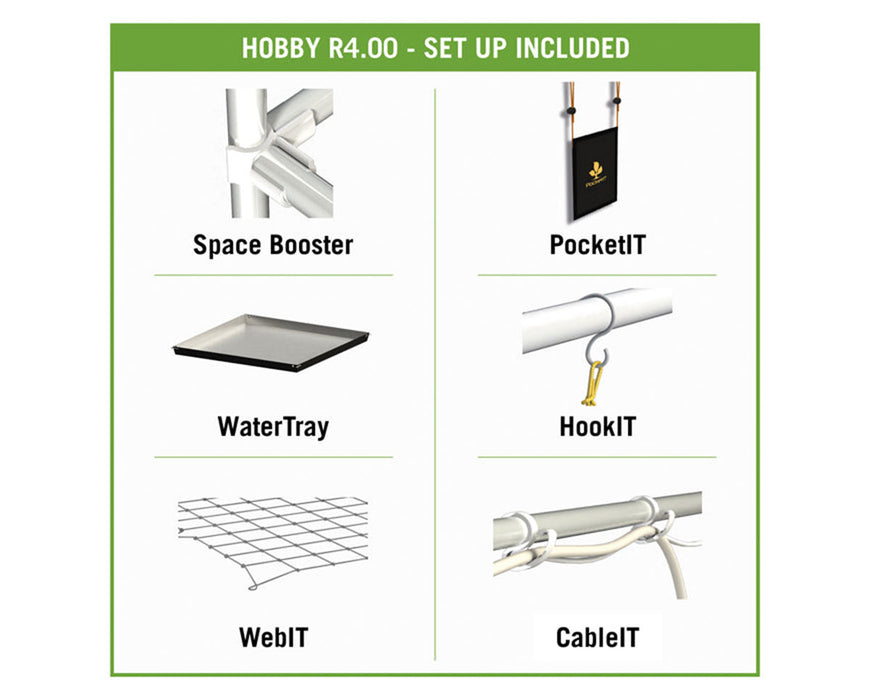 Included setup kit showing components like Space Booster, PocketIT, WaterTray, HookIT, WebIT, and CableIT.